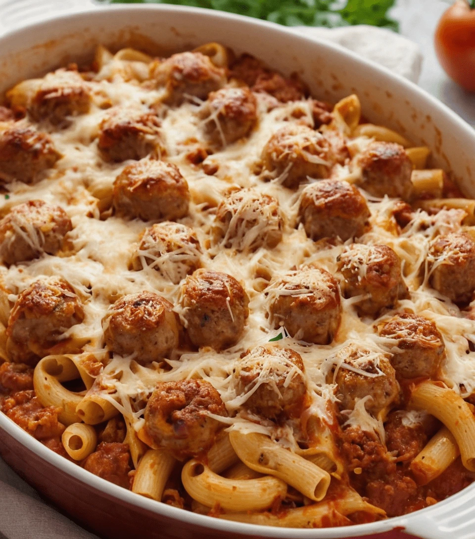 A baked sausage pasta dish with rigatoni, meatballs, rich tomato sauce, and melted cheese topping.