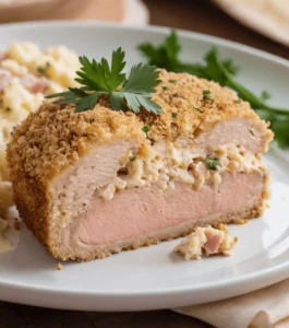 Chicken Cordon Bleu meatloaf slice with creamy cheese and ham filling, topped with breadcrumbs.