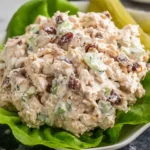 A close-up shot of a generous scoop of creamy Southern chicken salad, featuring tender shredded chicken, diced celery, and sweet cranberries, served on a fresh bed of green lettuce.