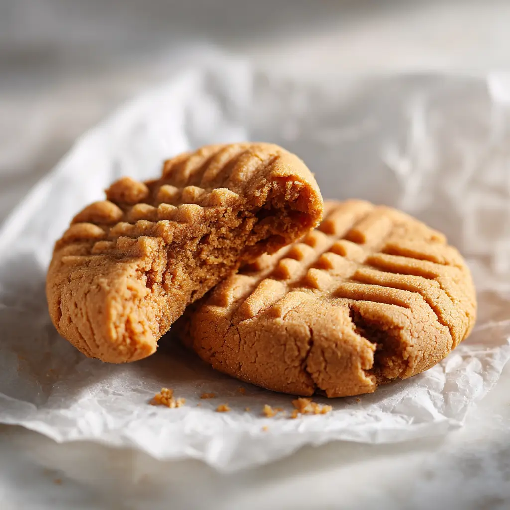 A close-up of a soft 4-ingredient peanut butter cookie broken in half to reveal its chewy interior, resting on crumpled parchment paper.