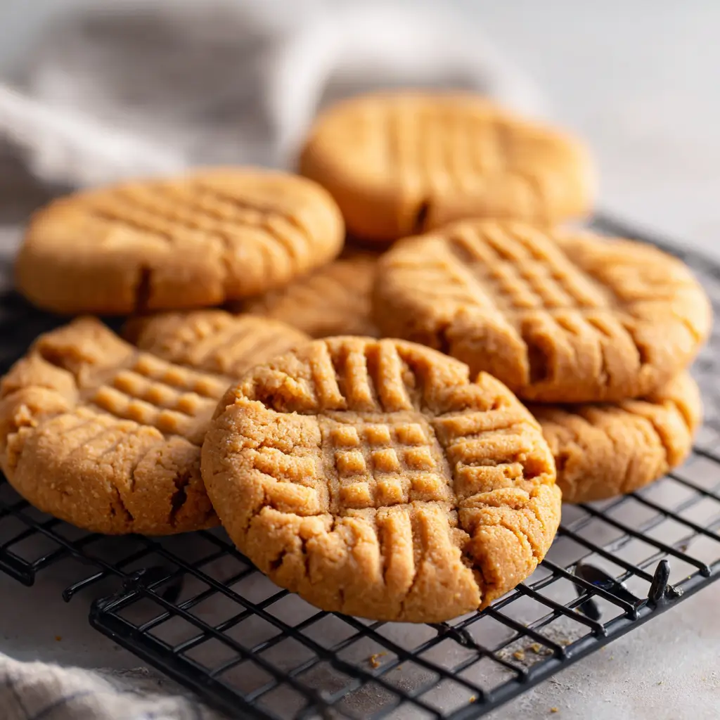 A batch of freshly baked 4-ingredient peanut butter cookies with a classic criss-cross pattern cooling on a black wire rack.