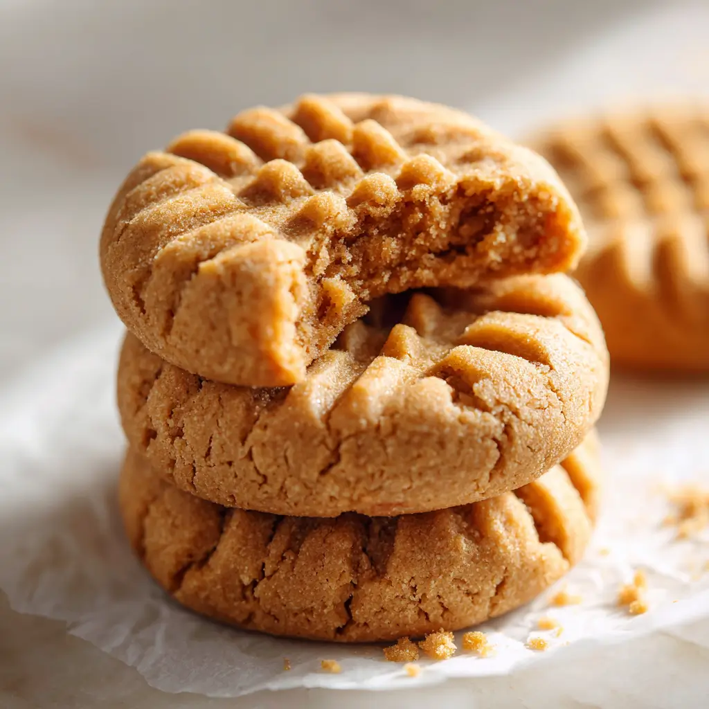 A stack of three soft and chewy 4-ingredient peanut butter cookies on parchment paper, with the top cookie broken to show the tender texture inside.