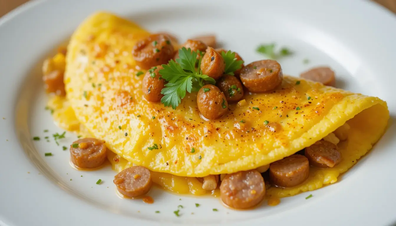 Air fryer omelet topped with sliced sausages and garnished with parsley on a white plate.