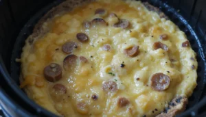 Close-up of an air fryer omelet with melted cheese and sausage slices.