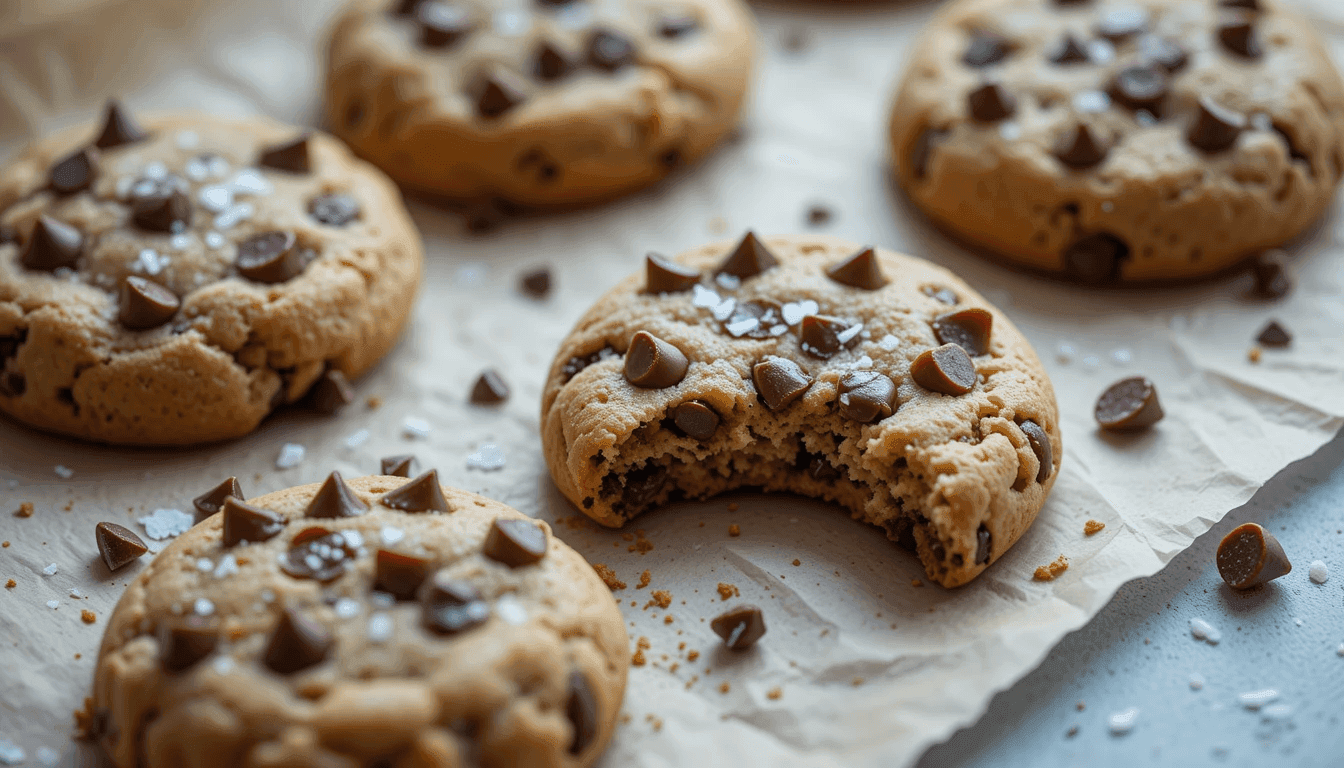 Soft chocolate chip cookies sprinkled with sea salt, one with a bite taken out, on parchment paper.