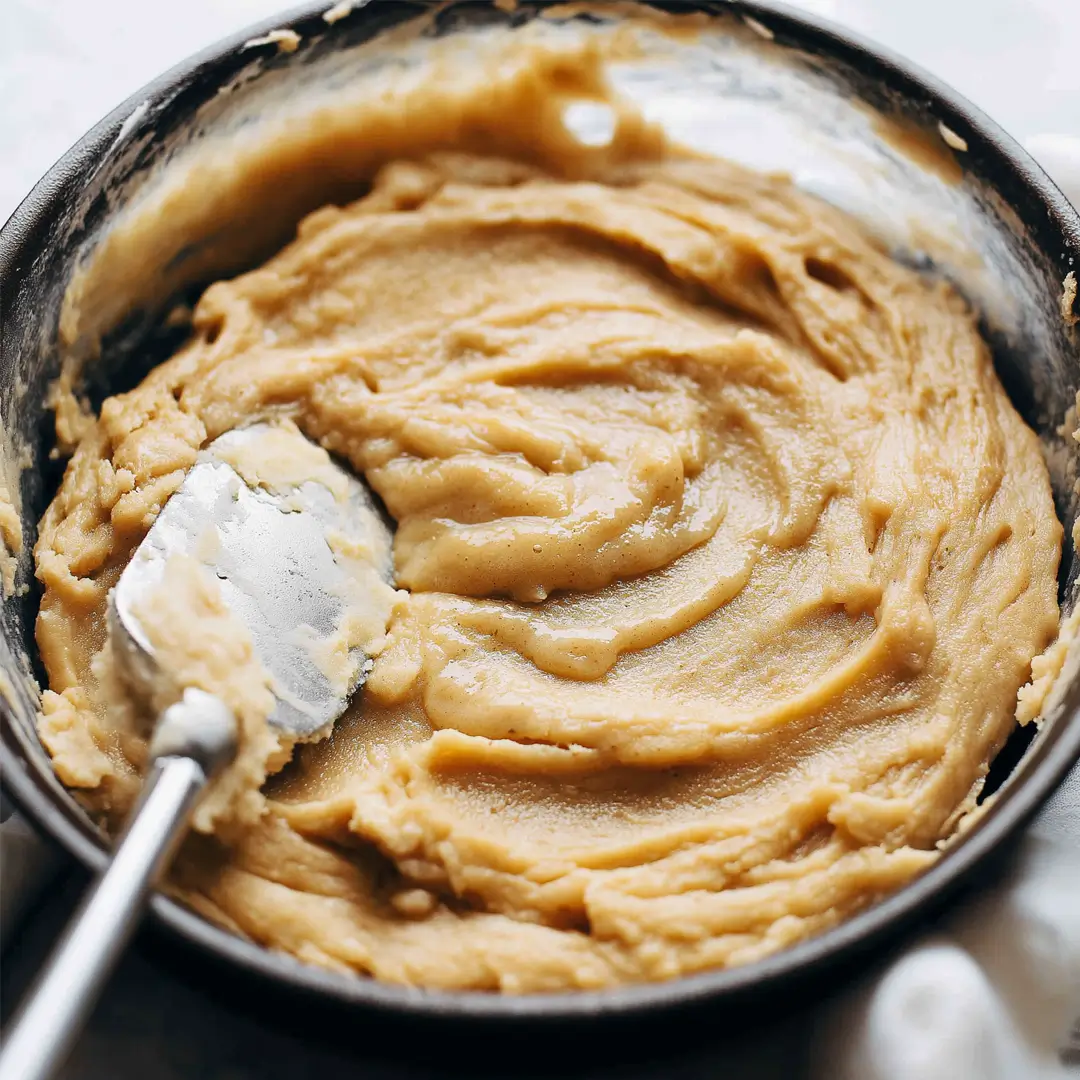 Thick apple fritter skillet cake batter being spread in a bowl with a spatula