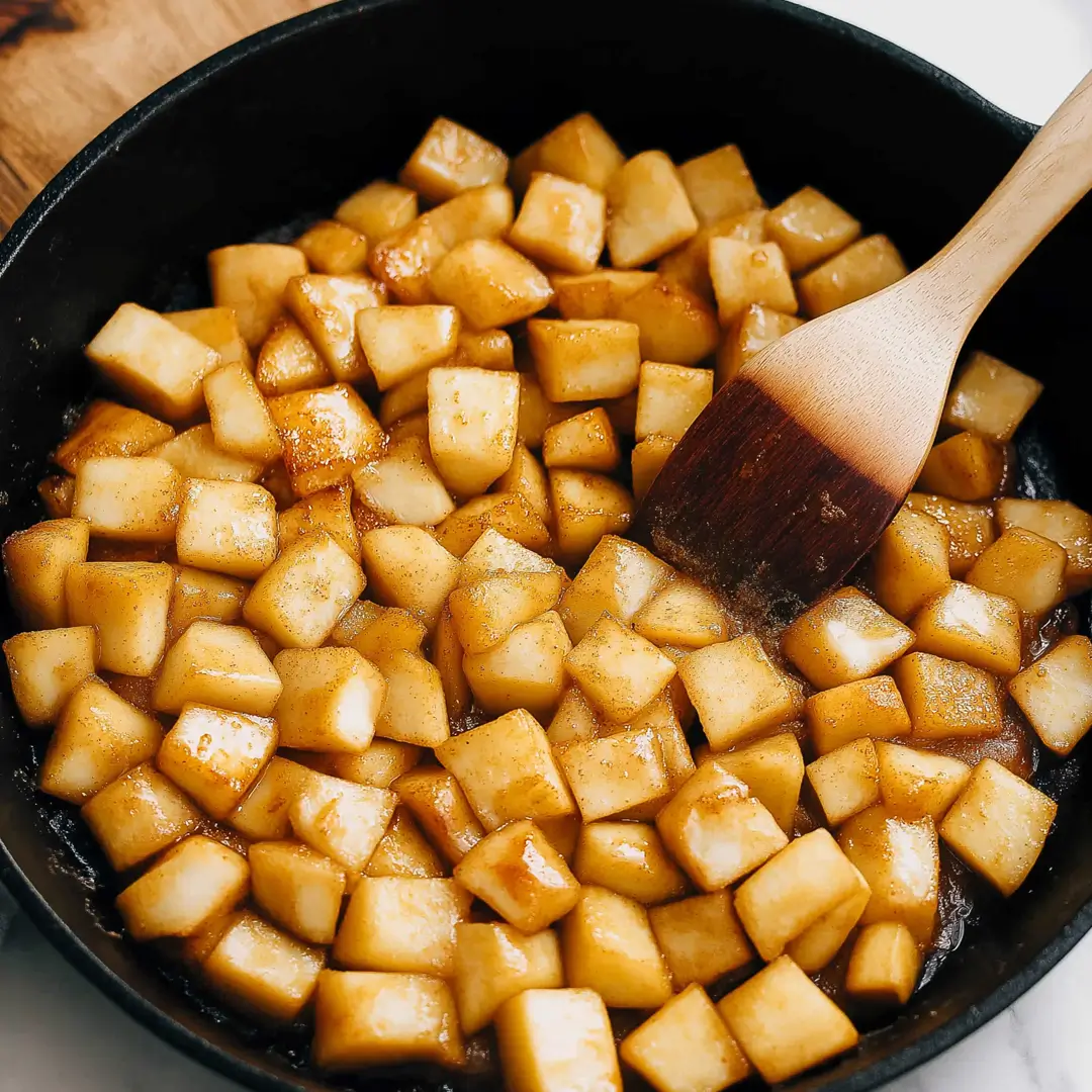 Apple fritter skillet cake filling made of diced apples caramelizing in a skillet with cinnamon and sugar