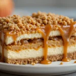 A slice of apple cheesecake caramel bar with layers of creamy cheesecake, apple filling, streusel topping, and caramel drizzle on a white plate.