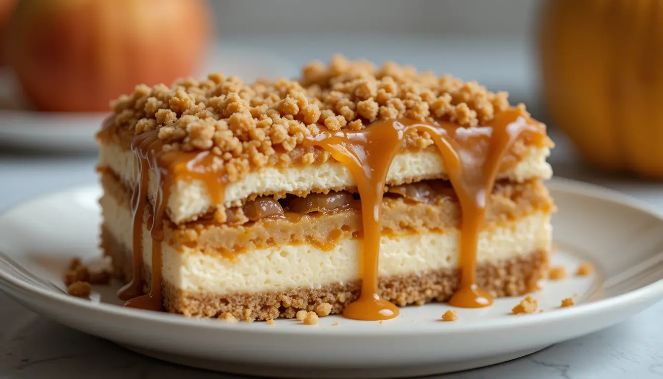 A slice of apple cheesecake caramel bar with layers of creamy cheesecake, apple filling, streusel topping, and caramel drizzle on a white plate.