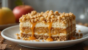 A slice of apple cheesecake caramel bar with layers of creamy cheesecake, spiced apple filling, and streusel topping, drizzled with caramel sauce on a white plate.