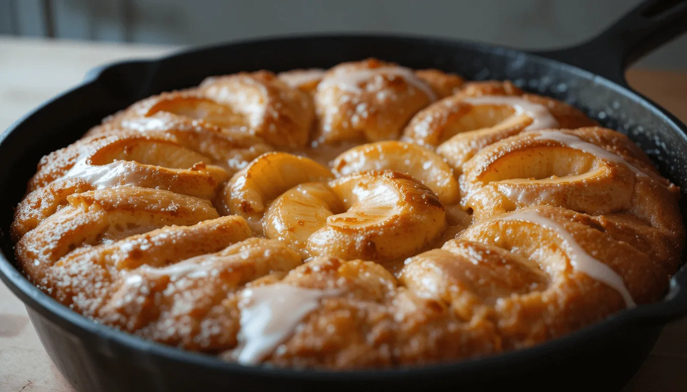 Close-up of a golden brown apple cake baked in a cast iron skillet, topped with glaze.