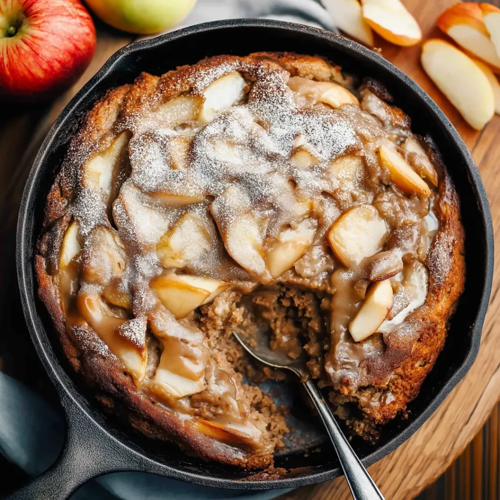 Apple fritter skillet cake topped with caramel glaze and sliced apples in a cast iron pan