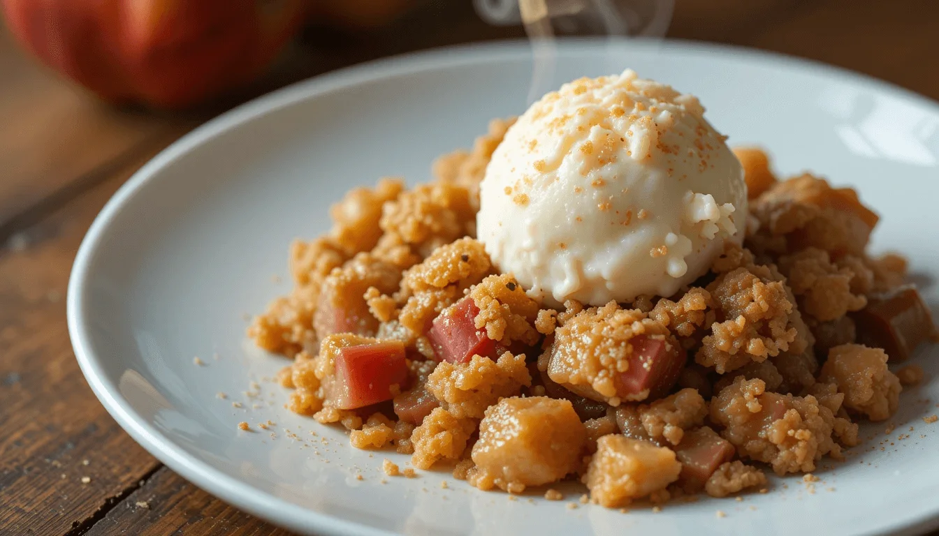 A serving of apple rhubarb crisp on a white plate, topped with a scoop of vanilla ice cream, with steam rising and a warm, rustic background.