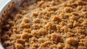 Close-up of a golden brown apple rhubarb crisp in a decorative casserole dish with visible chunks of rhubarb and steam rising.