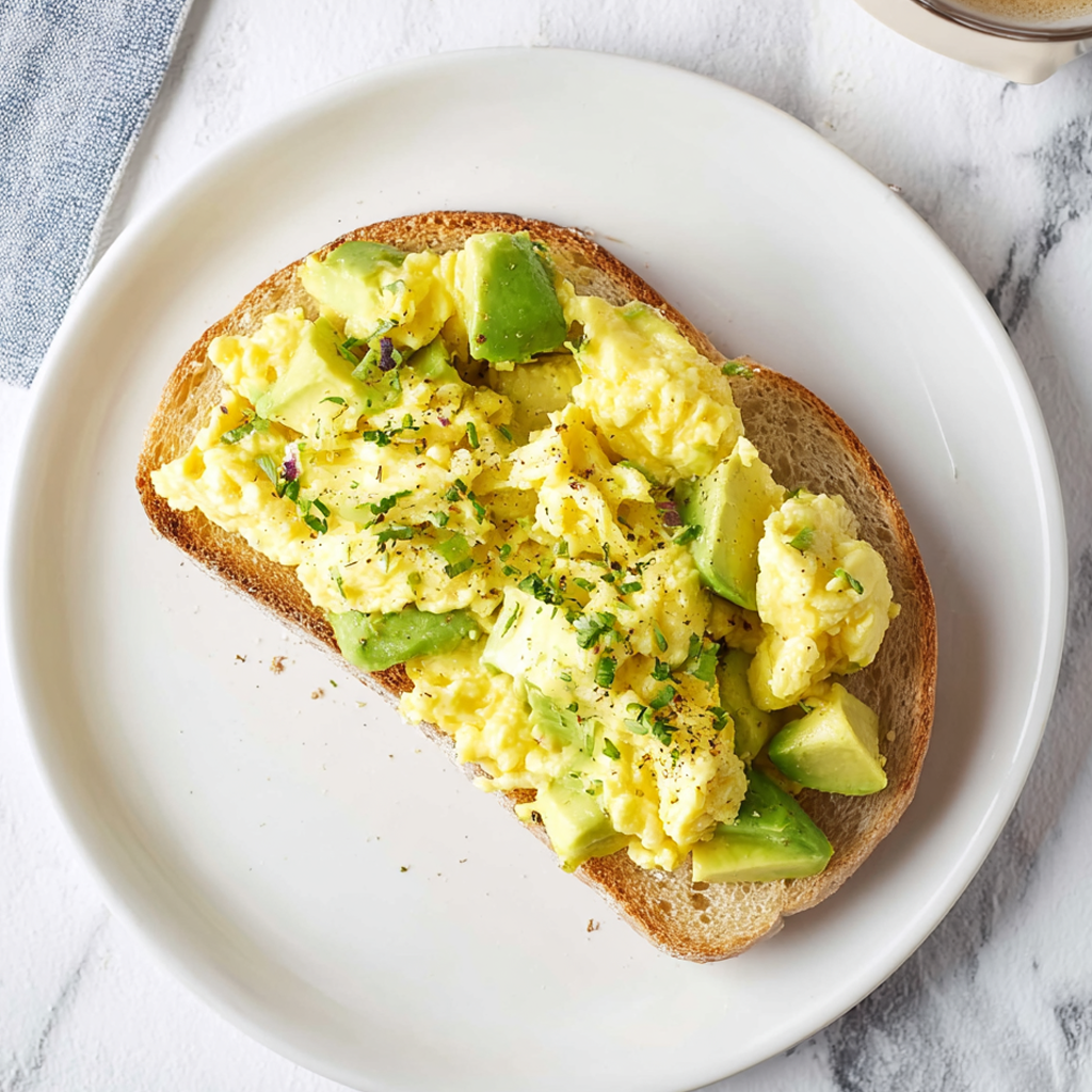 An overhead shot of a single slice of toast on a white plate, piled high with fluffy avocado scrambled eggs and garnished with fresh herbs