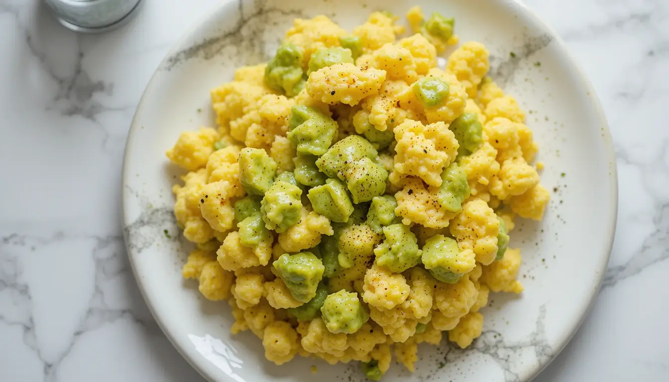 Plate of creamy scrambled eggs topped with diced avocado, seasoned with black pepper.