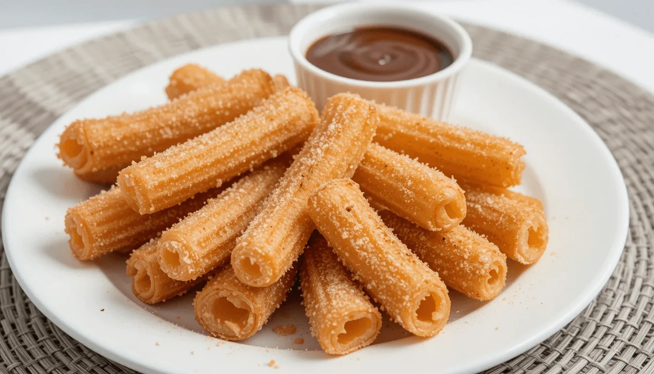 Golden sugar-dusted churros served on a white plate with a small bowl of chocolate dipping sauce.