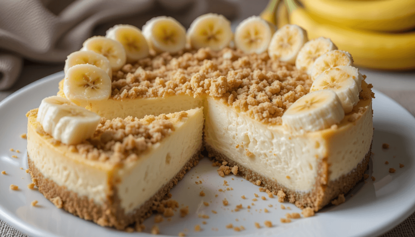 Whole banana cheesecake topped with fresh banana slices and crumbly topping, with a slice removed to reveal the creamy interior.