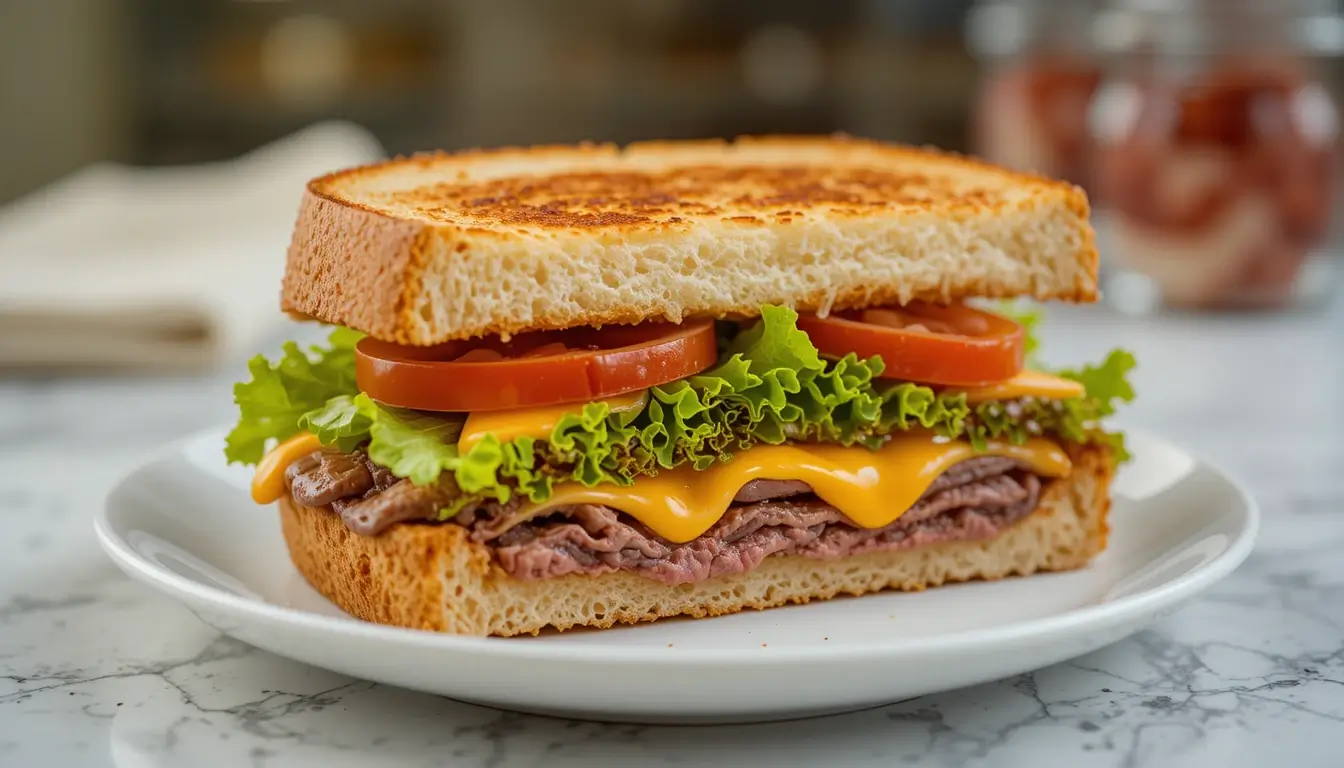 A beef and cheese sandwich layered with fresh lettuce and tomato on toasted bread, served on a white plate.