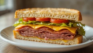 A close-up of a beef and cheese sandwich with fresh lettuce and tomato on toasted bread, served on a white plate.