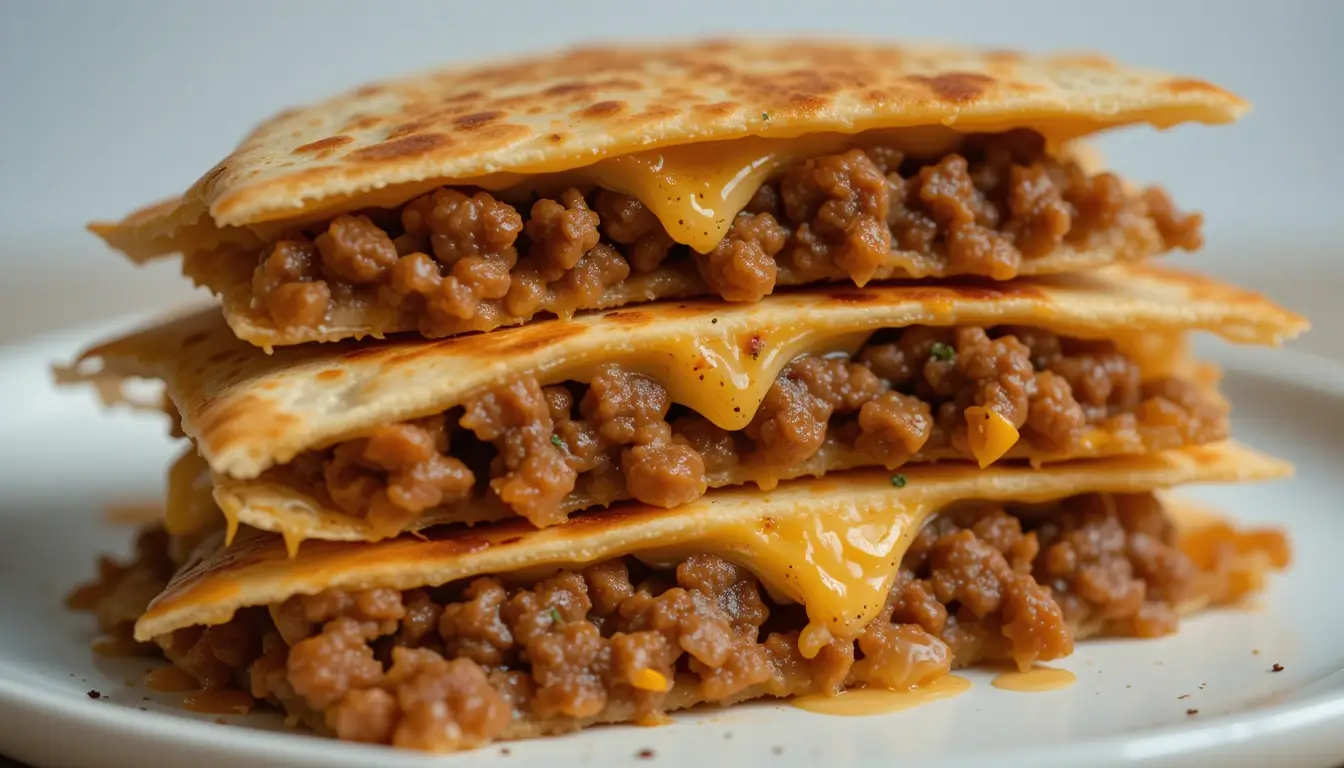 Cheesy beef quesadillas stacked on a plate, with melted cheese oozing from crispy tortillas.