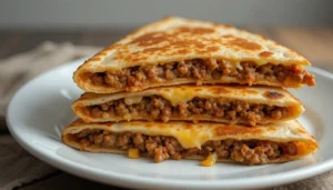 Stacked slices of beef quesadillas with golden, crispy tortillas and melted cheese on a white plate.