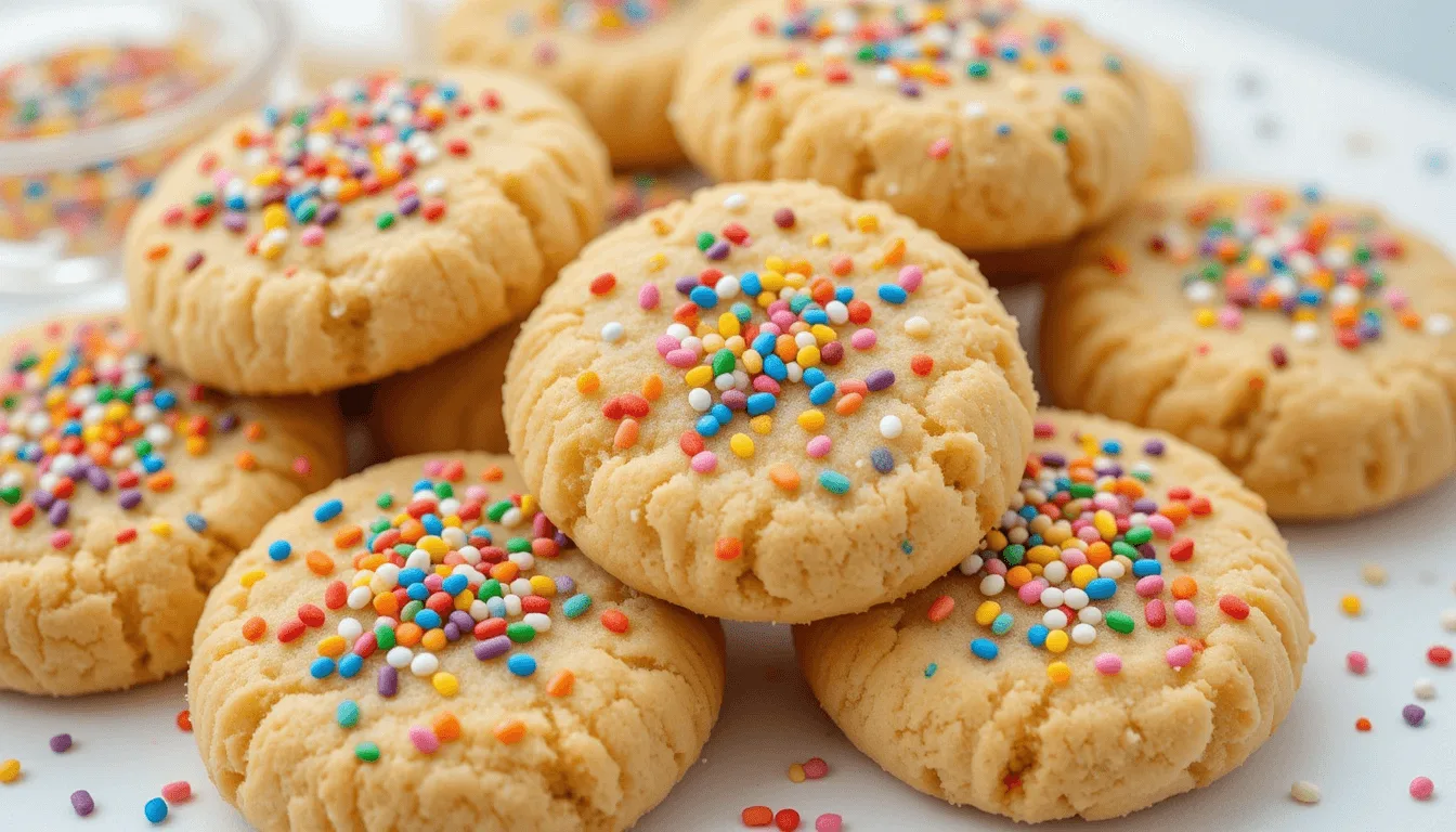 Pile of sugar cookies topped with colorful sprinkles on a white surface