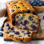 A sliced loaf of homemade blueberry banana nut bread sits on a wooden cutting board, revealing a moist interior packed with fresh blueberries and walnuts.
