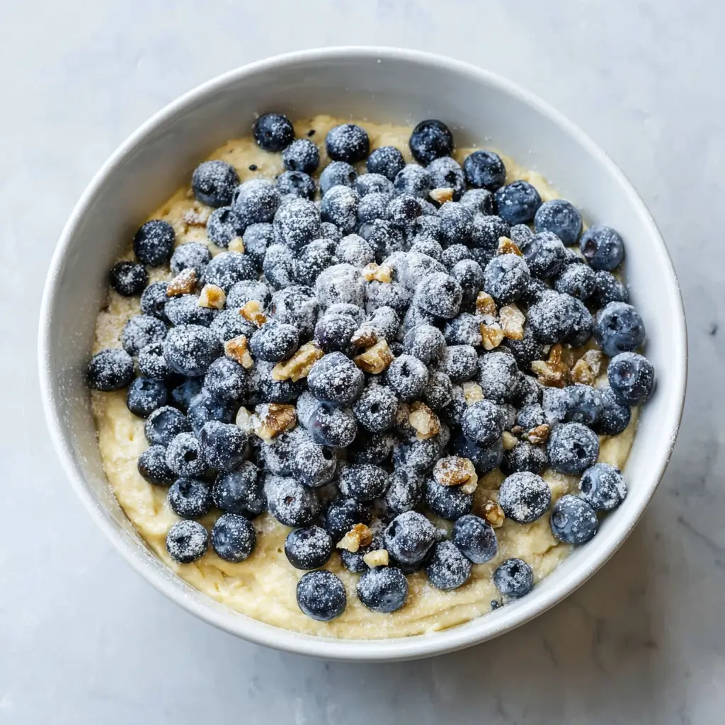 A white bowl filled with blueberry banana nut bread batter, topped with a generous amount of fresh blueberries and chopped walnuts that have been dusted with flour before mixing.