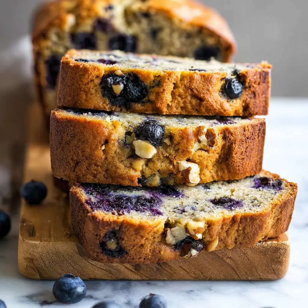 A close-up stack of three thick slices of moist blueberry banana nut bread on a wooden board, showcasing the interior packed with whole blueberries and walnuts.