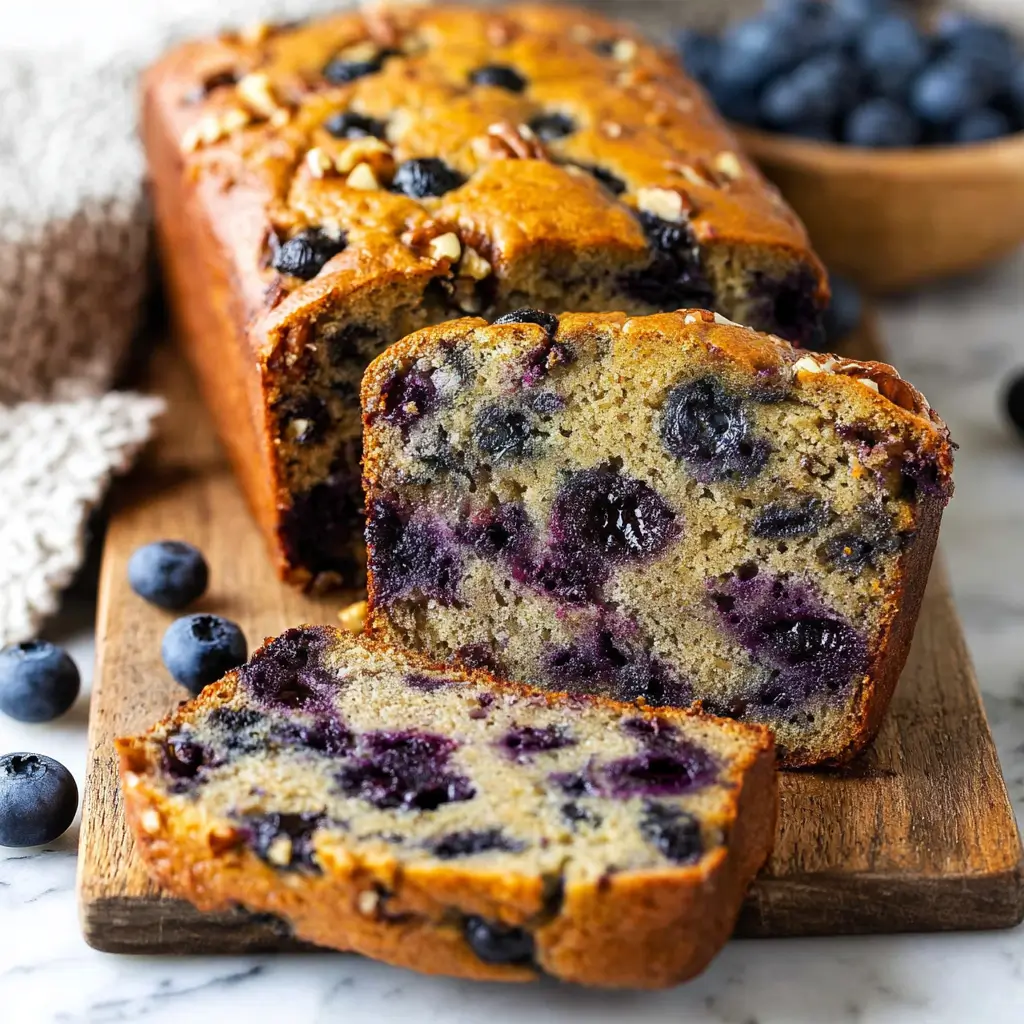 A sliced loaf of homemade blueberry banana nut bread sits on a wooden cutting board, revealing a moist interior packed with fresh blueberries and walnuts.