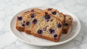 Slices of blueberry loaf cake served on a white plate with a marble background.