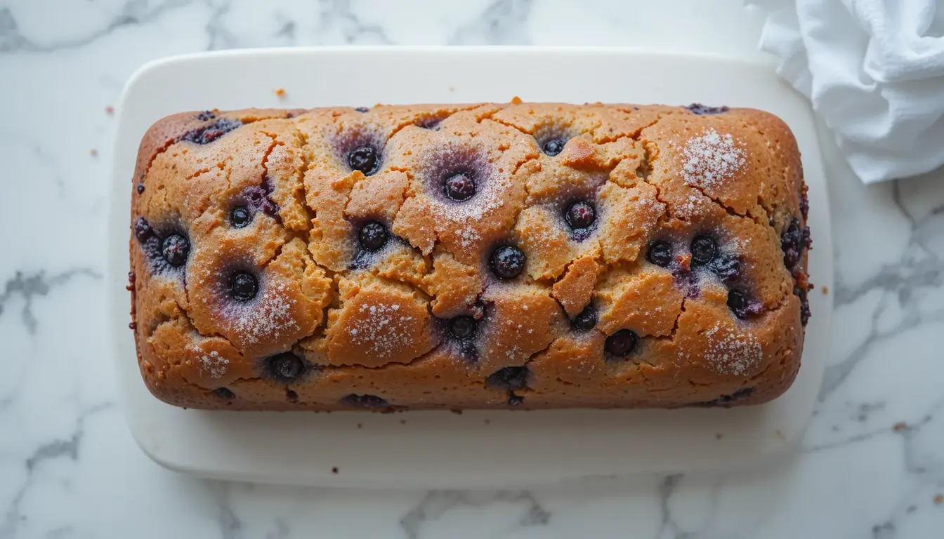 Whole blueberry loaf cake with a golden crust and sugar topping on a white platter.