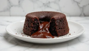 Chocolate lava cake with a rich molten center oozing onto a white plate.