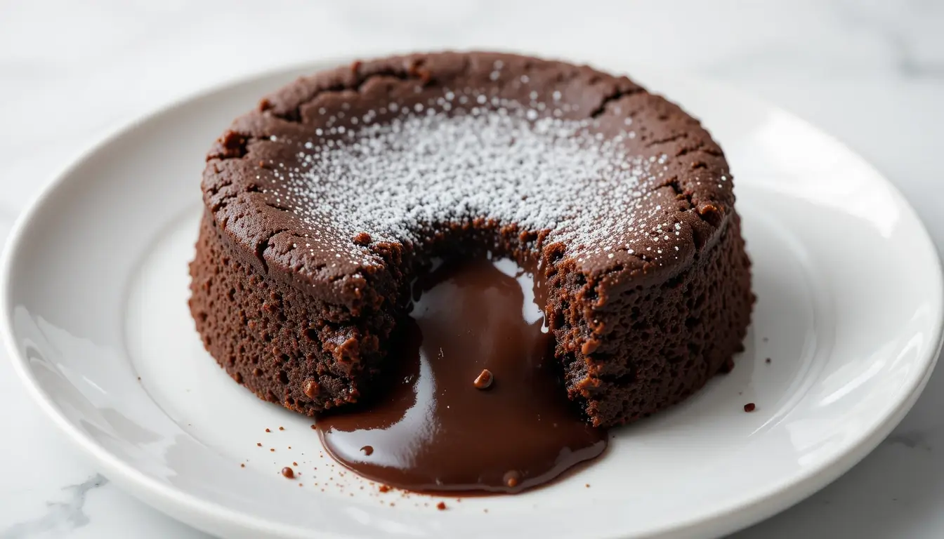 Chocolate lava cake with molten chocolate center and powdered sugar topping on a white plate.