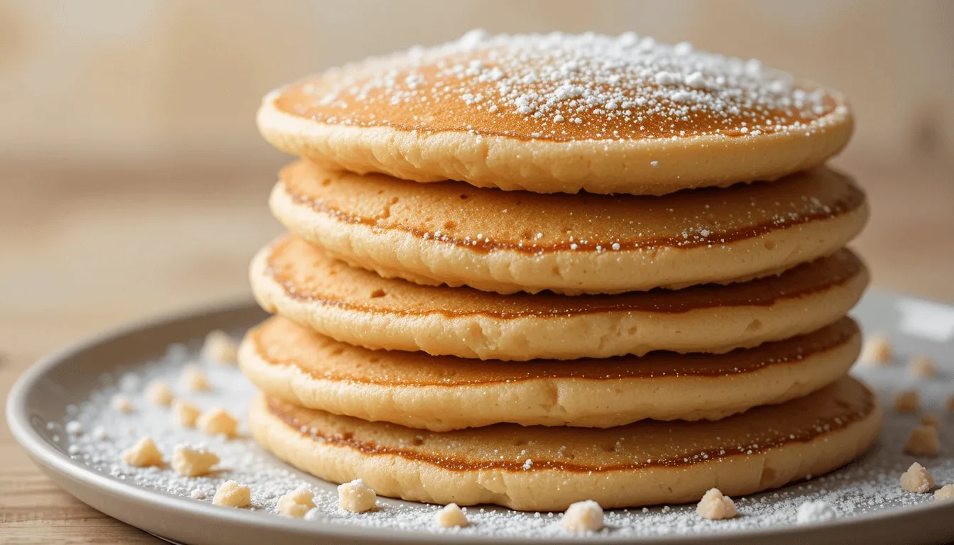 A stack of fluffy golden-brown cake mix pancakes dusted with powdered sugar, served on a white plate with scattered crumbs.