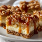 A close-up shot of several homemade caramel apple cheesecake bars on a white plate, drizzled generously with thick caramel sauce.