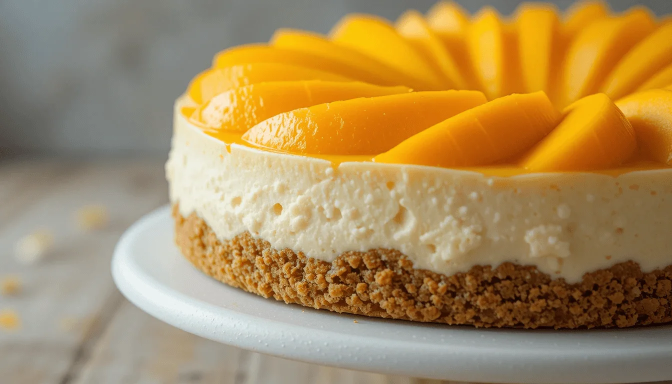 Close-up of a no-bake mango cheesecake with creamy layers, glossy mango slices, and a golden graham cracker crust on a white cake stand.