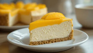 A slice of no-bake mango cheesecake with creamy layers, glossy mango topping, and a graham cracker crust on a white plate.