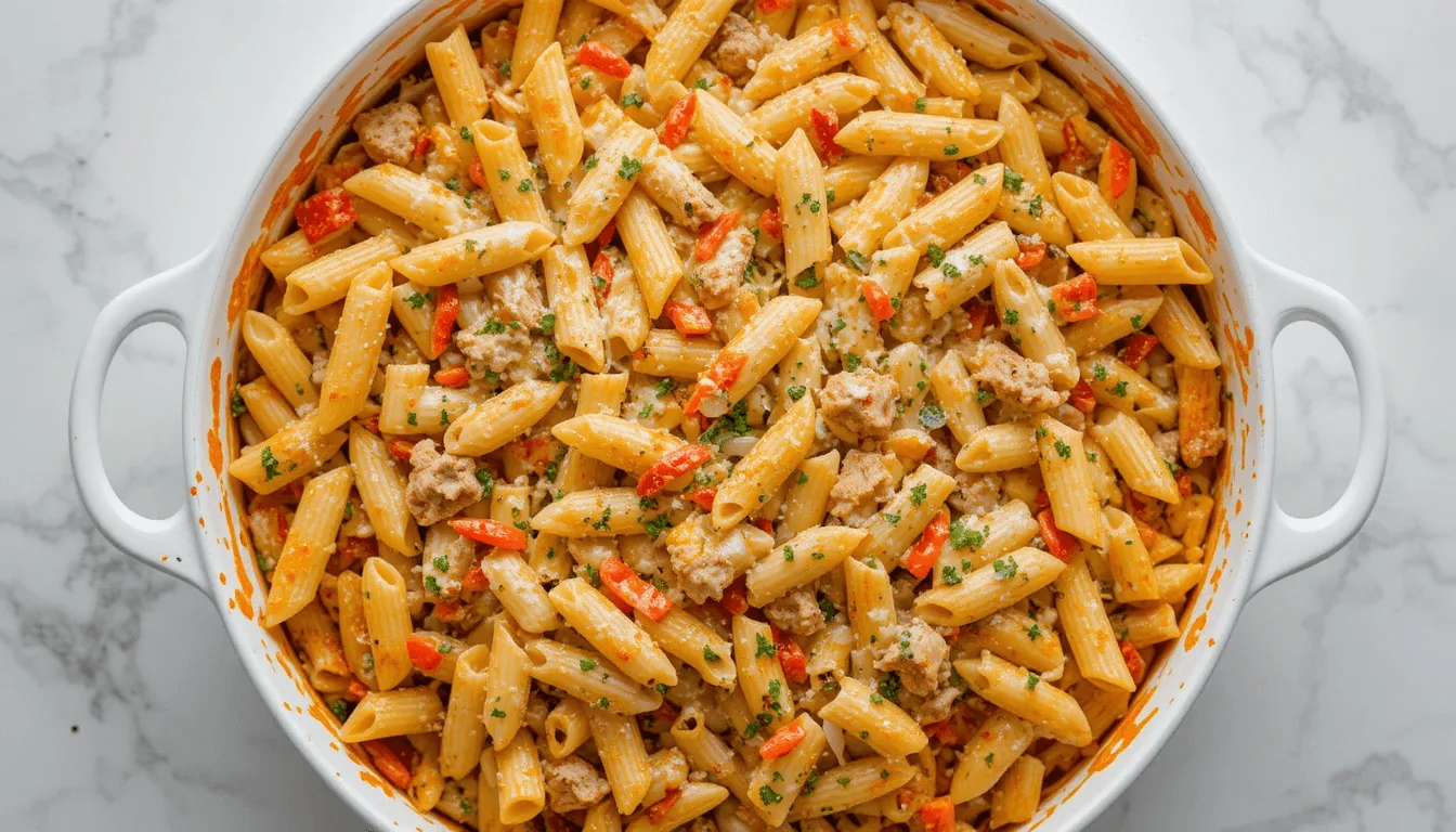 Creamy penne pasta with chicken, red peppers, and fresh parsley in a white dish.