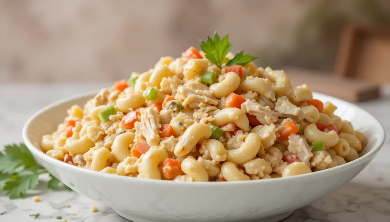 chicken macaroni salad with diced vegetables served in a white bowl.