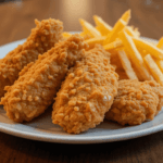 Crispy chicken tenders served with golden French fries on a white plate.