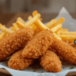 Crispy chicken tenders served with golden French fries and a side of ketchup.