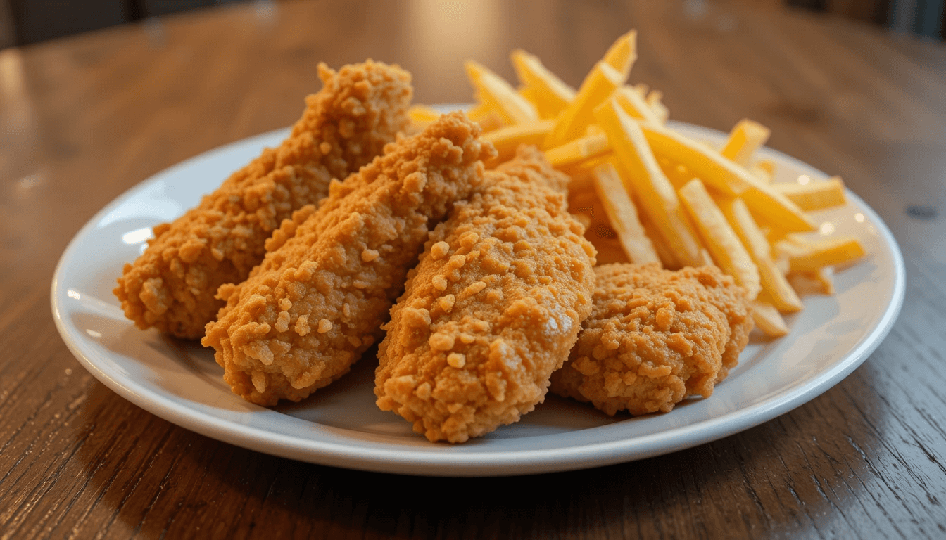 Crispy chicken tenders served with golden French fries on a white plate.