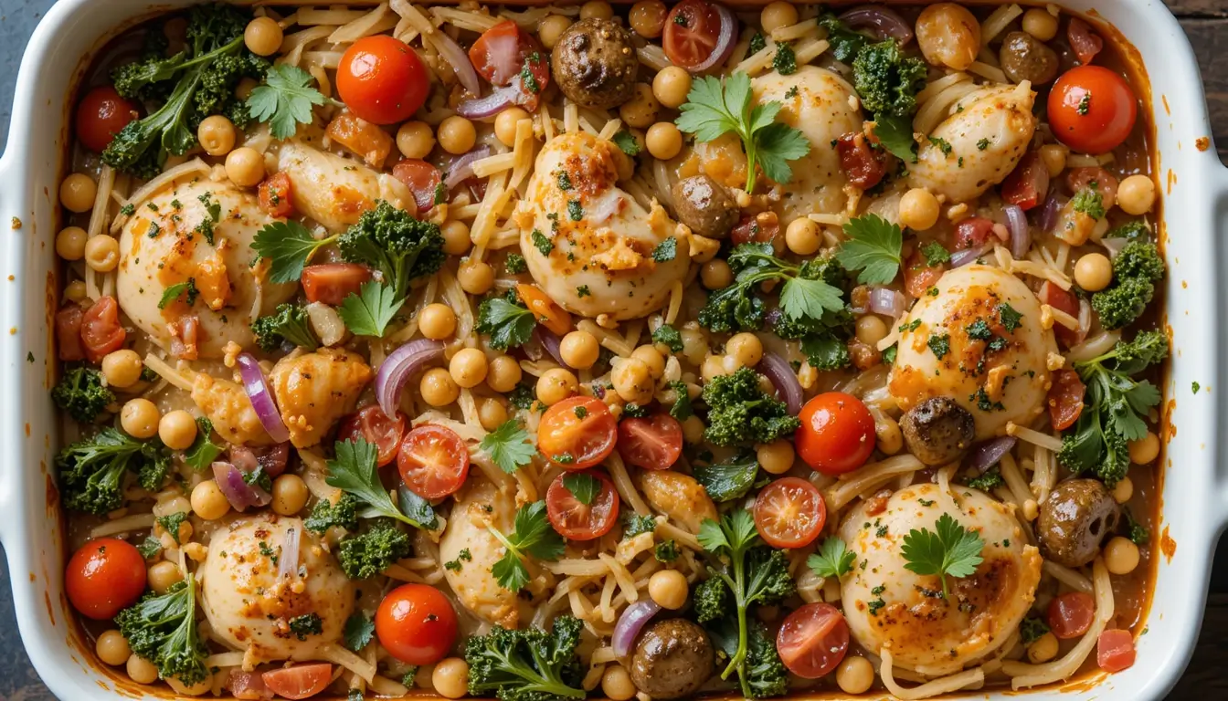 A baked dish of chicken, chickpeas, cherry tomatoes, broccoli, mushrooms, and pasta garnished with parsley in a white casserole dish.