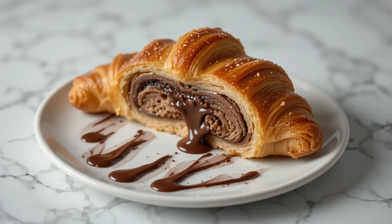 A flaky croissant filled with melted chocolate, served on a white plate with chocolate drizzle.