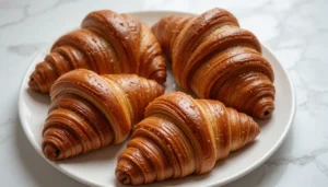 A plate of golden, flaky croissants with a shiny glazed finish.