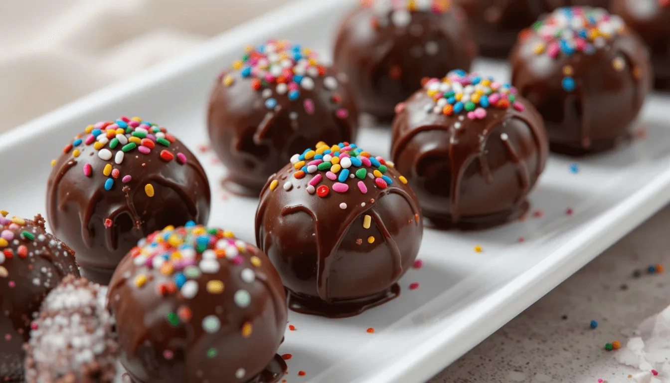 Coconut bonbons recipe featuring chocolate-coated bonbons topped with colorful sprinkles, arranged on a white platter.