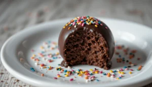 Coconut bonbons recipe showcasing a chocolate-covered bonbon with colorful sprinkles on a white plate.