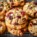 A close-up of a stack of golden-brown cranberry oatmeal cookies, generously studded with dried cranberries and white chocolate chips, on a wire cooling rack.